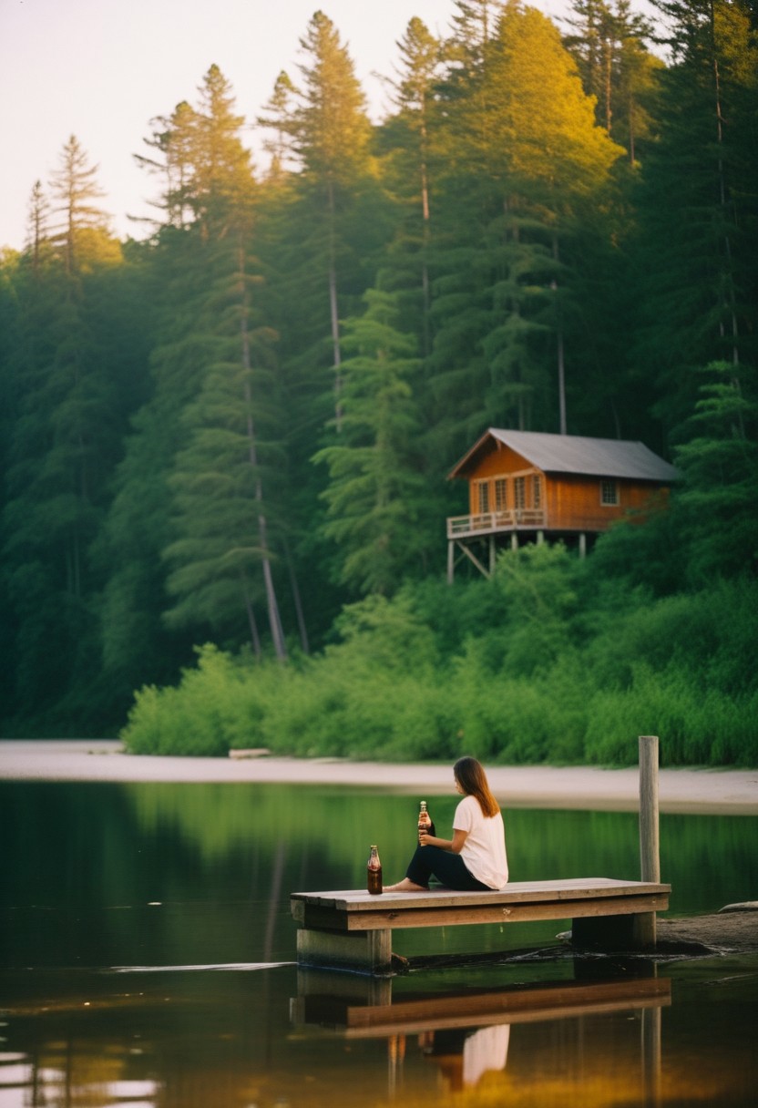 A serene atmosphere: a woman sits on a weathered bench overlooking a tranquil river beach, surrounded by lush greenery and towering trees. A wooden cabin stands in the distance, softly reflected on the calm water. A warm gradient sky with orangish hues and fluffy clouds dances above, while the woman sips refreshing cola from a bottle in her hand, photograph taken with Kodak portra 400 35mm color film, style
