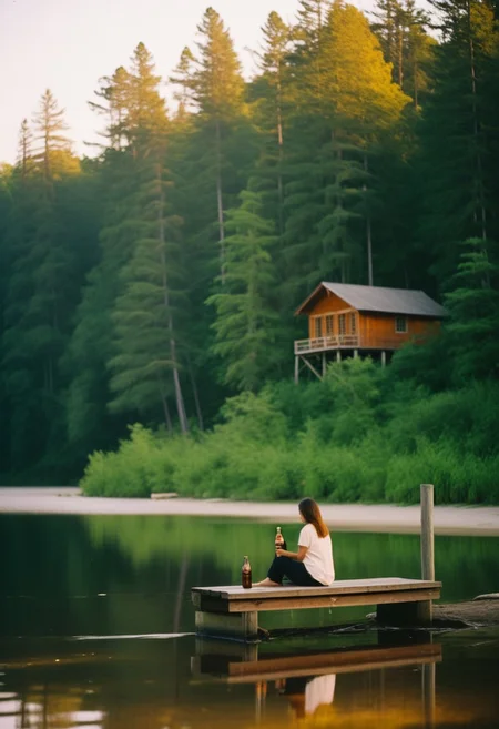A serene atmosphere: a woman sits on a weathered bench overlooking a tranquil river beach, surrounded by lush greenery and towering trees. A wooden cabin stands in the distance, softly reflected on the calm water. A warm gradient sky with orangish hues and fluffy clouds dances above, while the woman sips refreshing cola from a bottle in her hand, photograph taken with Kodak portra 400 35mm color film, style
