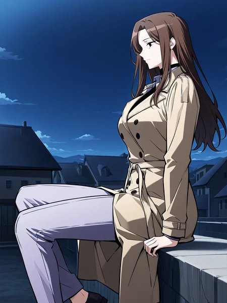 <lora:Omniscient_Readers_Viewpoint__Lee_Sookyun:1>
1 girl, solo, long hair, brown hair, straight hair, center parted hair, black eyes, mature female,
beige trench coat, long coat, double breasted coat, tied waist belt, black undershirt, navy dress shirt, lavender pants, white slip-on shoes,
score_9, score_8_up, score_7_up, score_6_up, source_anime, masterpiece, best quality, absurdres, highres, newest, anime coloring <break> 1girl, solo, sitting, on wall, from side, town, night sky, cloud
