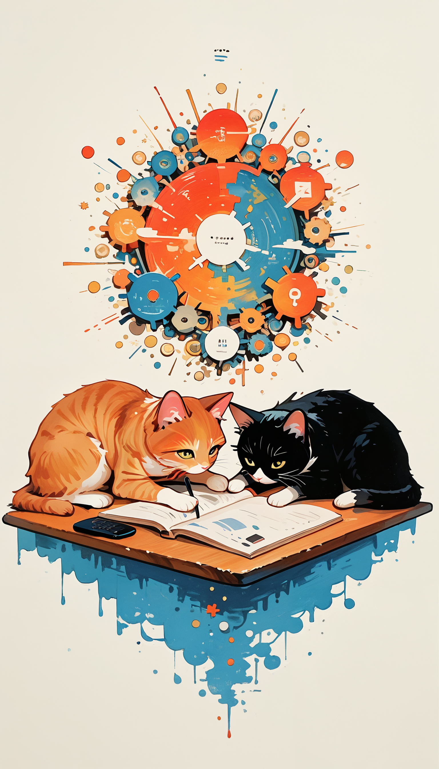 1cat, studying, k4_illu, citroncolors, periodic table of elements, usnr, S4bit4mago_illu BREAK masterpiece, very aesthetic, absurdres, drop shadow, real life, casual, traditional media, abstract,scan,blending, no humans