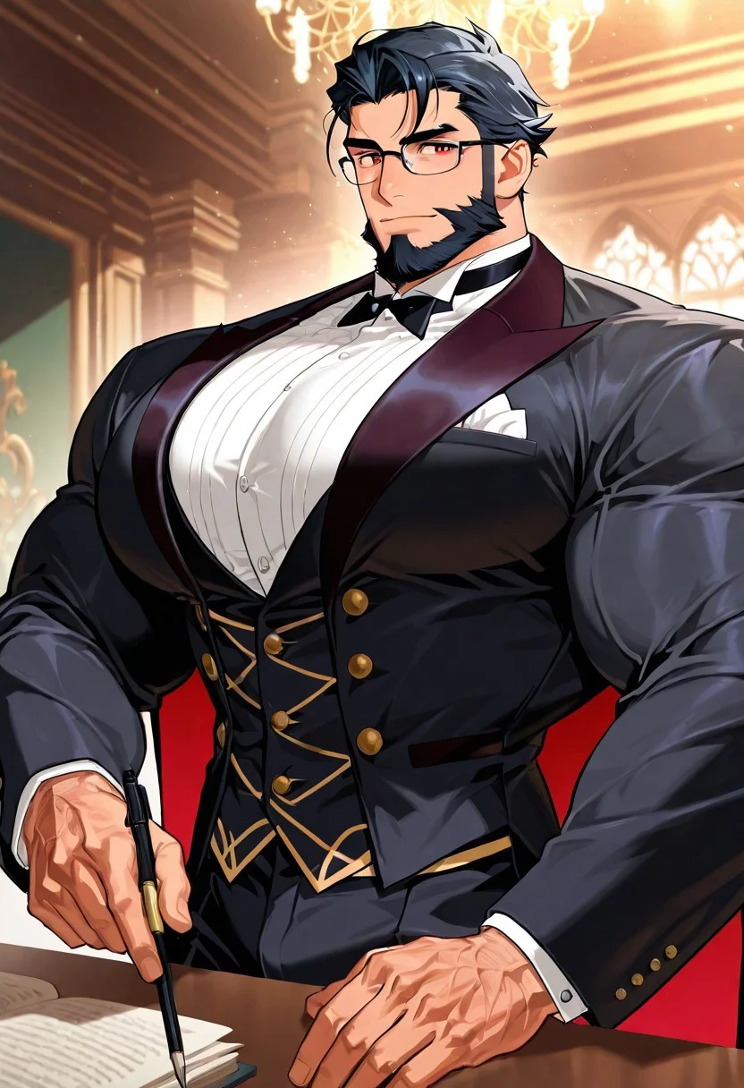 score_9,score_8_up,score_7_up, score_9, score_8_up, Intricate Details, Masterpiece, Best Quality, 1man, mature, bara, solo, male focus, correct anatomy, perfect hands, stylized seinen anime style, lots of details, shaded, detailed shading, detailed skin, counter shading, handsome, older man, thick beard, hyper muscles, broad shoulders, hyper pectorals, huge pecs, narrow waist, Glasses, vampire butler, red eyes