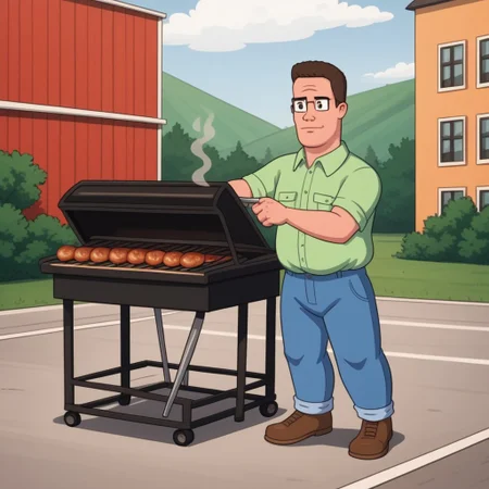 hank hill standing at a barbecue grill, outdoors on a sunny day, ((a giant propane molecule floats in the air)),