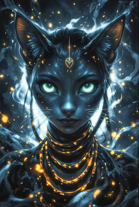  front view, Ancient Egypt, cinematic, realistic illustration scene - hair splitting - tattoos - long flowing hair, Egyptian goddess Bastet score_9_up, score_8_up, score_7_up, (masterpiece, best quality), ), elegant scene  lots of shine and reflections fashion shoot, beautiful pharaoh girl in the middle of the road, perfect cute face and green eyes, tall sexy body. Luxurious hair, long flowing hair, Fantastic realism and clear focus, Mysterious. skin and lace on smooth skin. Golden necklace with jewelry. Digital fantasy indigo and white RADIOACTIVE reading. epic journey Sepia candid photography., pixabay, swirl formation, sand piled up at corners, mycelium, side view closeup of a tormented A quirky, beautiful magical cat with exaggerated facial features, including a beautiful toothy grin and large, bright green eyes. Its fur is playful and unkempt, with prominent whiskers and distinct ear shapes. The background is a soft, muted color that highlights the cat's vibrant expression.