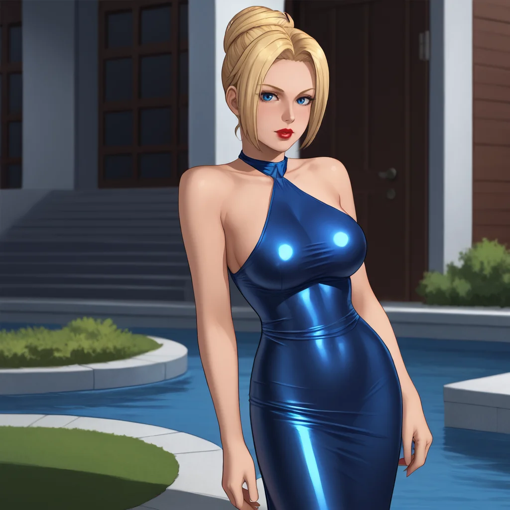 <lora:rachelninjagaiden_pony_v1:.8> RachelNinjaGaiden, 1girl, solo, large breasts, blonde hair, blue eyes, single hair bun,  lips,, lipstick,eyeshadow, cowboy shot,  <lora:0932 Home wear 9_v1_pony:1> ruanyi0932,blue dress,halter dress,sleeveless,cowboy shot,taut dress,skin tight,long dress