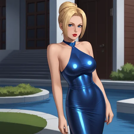 <lora:rachelninjagaiden_pony_v1:.8> RachelNinjaGaiden, 1girl, solo, large breasts, blonde hair, blue eyes, single hair bun,  lips,, lipstick,eyeshadow, cowboy shot,  <lora:0932 Home wear 9_v1_pony:1> ruanyi0932,blue dress,halter dress,sleeveless,cowboy shot,taut dress,skin tight,long dress