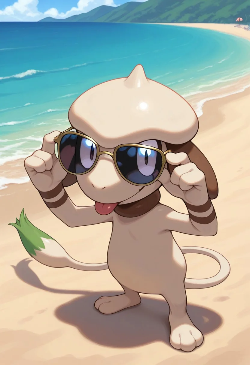 pokemon \(classic anime\),
best quality, masterpiece, amazing quality, very aesthetic, absurdres,
1boy, solo, no humans,
smeargle, pokemon \(creature\),
sunglasses, adjusting eyewear,
looking at viewer, smile, tongue,
outdoors, beach