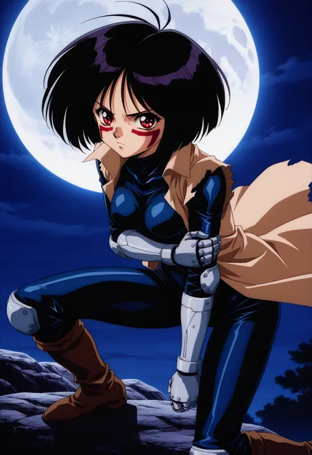 masterpiece, best quality,  absurdres, highres, cinematic light, 1girl, old, solo, <lora:gally-Illustrious:1> gally_wz, short hair, bob cut, black hair, red eyes, antenna hair, brown coat, bodysuit, mechanical hands, brown boots, knee pads, 1990s \(style\), retro artstyle, red facepaint, facial mark, fighting stance, torn clothes, torn bodysuit, torn coat, looking at viewer, serious, v-shaped eyebrows, outdoors, night, moon, moonlight, natural light, holding own arm, pain,  questionable, <lora:anime_screencap-Illustrious_1064755:1> anime screencap, anime coloring
