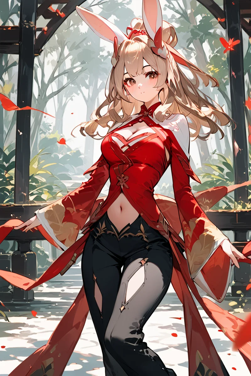 score_9, score_8_up, score_7_up, source_anime, blush, looking at viewer, navel, long sleeves, red dress, black pants, cleavage, clothing cutout, wide sleeves, brown eyes, hair ornament, <lora:Gongsunli_pony:0.8>