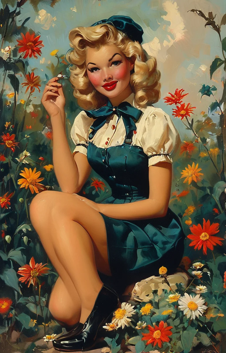 masterpiece,best quality,<lora:tbh149-sdxl:0.9>,style of Gil Elvgren, garden