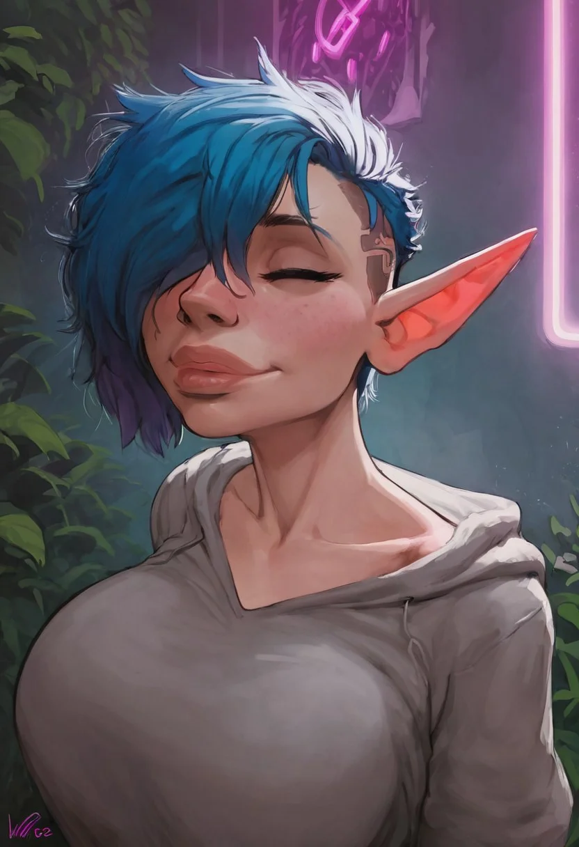<lora:DarcyPony1.0:0.75> darcy, elf ears, 1girls, very short hair, pixie cut, solo, uncensored, face closeup, face shot, tomboy, large breasts,, blue hair, score_9, score_8_up, score_7_up, score_6_up, <lora:Smooth Anime Style LoRA XL:1>,
gray hoodie, grey hoodie,
thick lips, big lips, hair over eyes, messy hair, very messy hair, horny, smile, hair over face,lips focus,
, plants on the windowsill, wall of plants, monstera plant, large plant, tidy bedroom, small room, cramped bedroom, cyberpunk city view out of the window, neon light, purple neon lights,