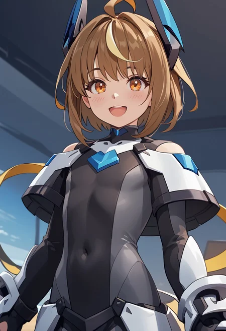 score_4,score_5,score_6,score_7_up,score_8_up,score_9 ((masterpiece,best quality,ultra detailed,highres,HD,4k:1.2)), 
1 femboy,((solo,solo focus)),boy focus,face focus,petite,young,
Shiron(normal),brown hair,multicolored hair,yellow streaked hair,bangs,ahoge,sidelocks,orange eyes, petite,
head gear,helmet,armor,bodysuit,covered navel,
smile,blush,open mouth,