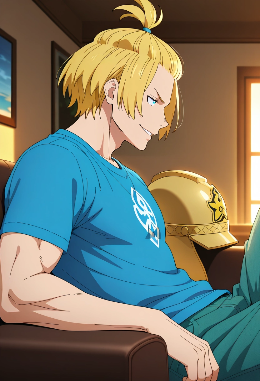 masterpiece, best quality, , ,, 1boy, solo, male focus, <lora:arthur_boyle_ilxl:0.96>, arthur_boyle, blonde hair, blue eyes, short hair, bangs pinned back, topknot, , , profile, living room, couch, dawn, slouching, smirk, Teal Cotton Cargo jogger pants, Indigo Suede Geometric Denim shirt, Espadrilles, Viking helmet,