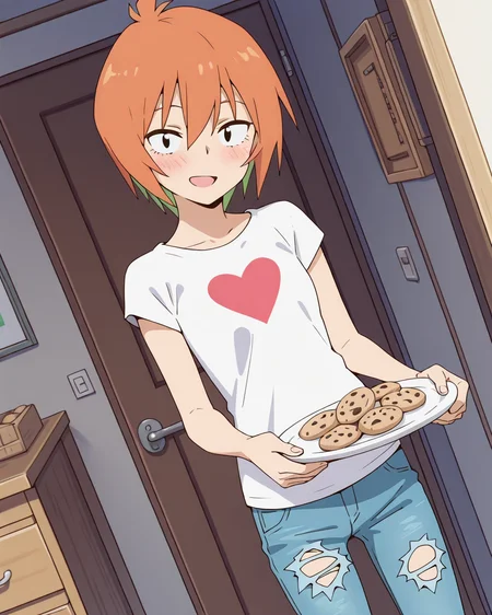 (masterpiece:1.4), (best quality:1.4),  very aesthetic,best quality, amazing quality, absurdres,
yasaku_rei, orange hair, 1girl, solo, short hair, , multicolored hair,
white shirt, jeans,roll up,short sleeve, ,denim pants, torn pants,heart print t-shirt
 <lora:yasaku_rei:1>
standing,holding plate ,Cookies on plate,
blush,looking at viewer,smile,open mouth,
dutch angle,room,door,cupboard,closet