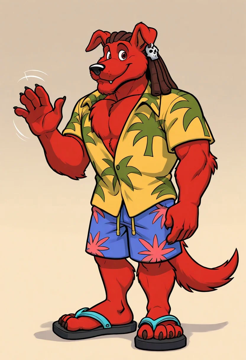 masterpiece, ultra detailed, amazing quality, absurdres, very aesthetic, no humans, solo focus, male focus, furry male, 1boy,
d_w0lf_mon, red fur, red body, body fur, elbow tuft, brown hair, dreadlocks, brown eyes, long snout, black nose, single earring, skull earring, smile, fangs, looking at viewer, closed mouth, wide-eyed, facial hair, chin tuft, wrinkles, mature male, droopy ears, muscular, chest tuft, pectoral cleavage, yellow shirt, collared shirt, hawaiian shirt, palm tree print, short sleeves, partially unbuttoned, blue shorts, swimming trunks, floral print shorts, hand up, waving, finger claws, arm at side, tail, standing, cocked hip, contrapposto, sandals, toe claws, perfect hands, perfect feet, 5 fingers, 4 toes, from front,
BREAK
simple background, gradient background, perfect lighting, shadow,