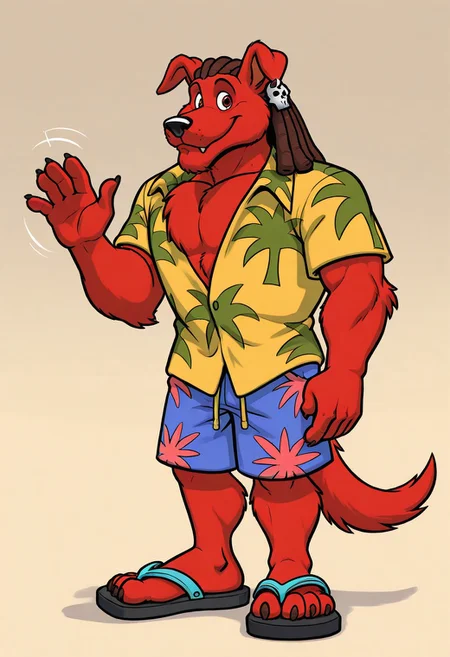 masterpiece, ultra detailed, amazing quality, absurdres, very aesthetic, no humans, solo focus, male focus, furry male, 1boy, 
d_w0lf_mon, red fur, red body, body fur, elbow tuft, brown hair, dreadlocks, brown eyes, long snout, black nose, single earring, skull earring, smile, fangs, looking at viewer, closed mouth, wide-eyed, facial hair, chin tuft, wrinkles, mature male, droopy ears, muscular, chest tuft, pectoral cleavage, yellow shirt, collared shirt, hawaiian shirt, palm tree print, short sleeves, partially unbuttoned, blue shorts, swimming trunks, floral print shorts, hand up, waving, finger claws, arm at side, tail, standing, cocked hip, contrapposto, sandals, toe claws, perfect hands, perfect feet, 5 fingers, 4 toes, from front, 
BREAK 
simple background, gradient background, perfect lighting, shadow,