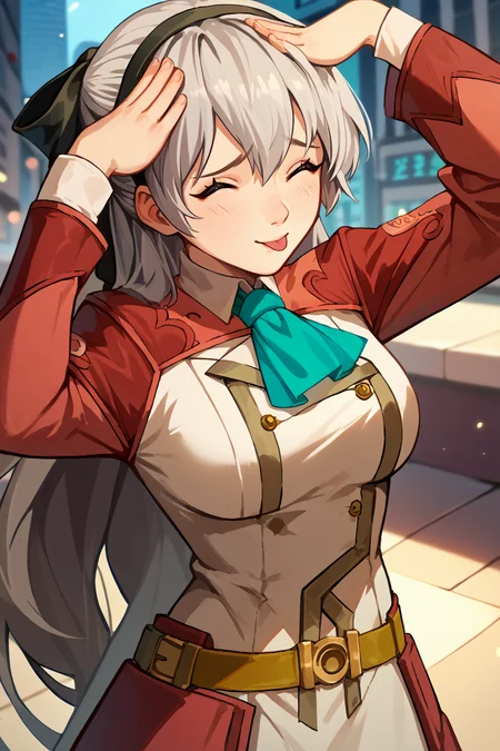 score_9, score_8_up, score_7_up, score_6_up, source_anime, 1girl, solo, <lora:elie-pdxl-nvwls-v2:1> zeroelie, grey hair, long hair, green eyes, black hairband, hair ribbon, black ribbon, red shrug top, blue ascot, white dress, yellow belt, skirt, black pantyhose, white boots <lora:AhEtoBlehMeme_pdxl_Incrs_v1:1> AhEtoBlehMeme, closed eyes, tongue out, :p, hands on own head, smile, city, large breasts