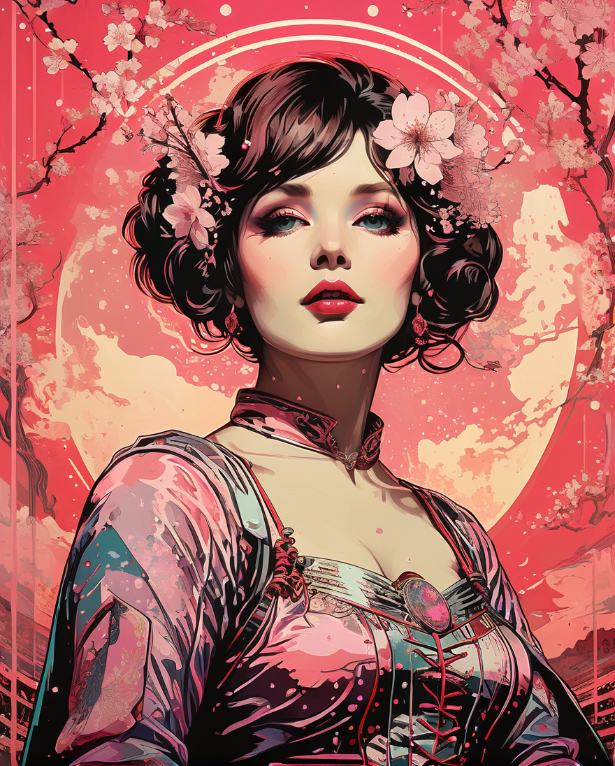 stylized by Harry Clarke, Eugène Grasset and Alphonse Mucha, Anime, Weirdcore, Vintage Planet Mercury of Celebration, background, Cozy, Low shutter, cherry blossom pink neon hue, <lora:Ive_Got_The_Power:1>