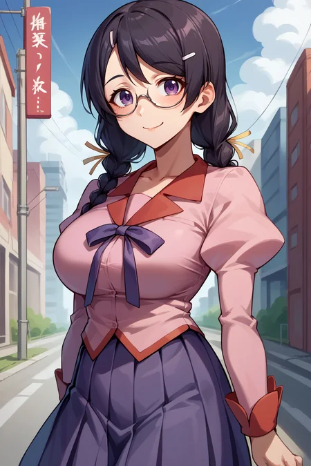 score_9, score_8_up, score_7_up, score_6_up, source_anime, BREAK 1girl, solo  <lora:tsubasa-pdxl-nvwls-v1-000005:1> defTsubasa, black hair, purple eyes, twin braids, hairclip, glasses, school uniform, pink shirt, puffy sleeves, long sleeves, pleated skirt, medium breasts, city, blue sky, looking at viewer, smile, closed mouth, waist up, (big breasts:0.9)
