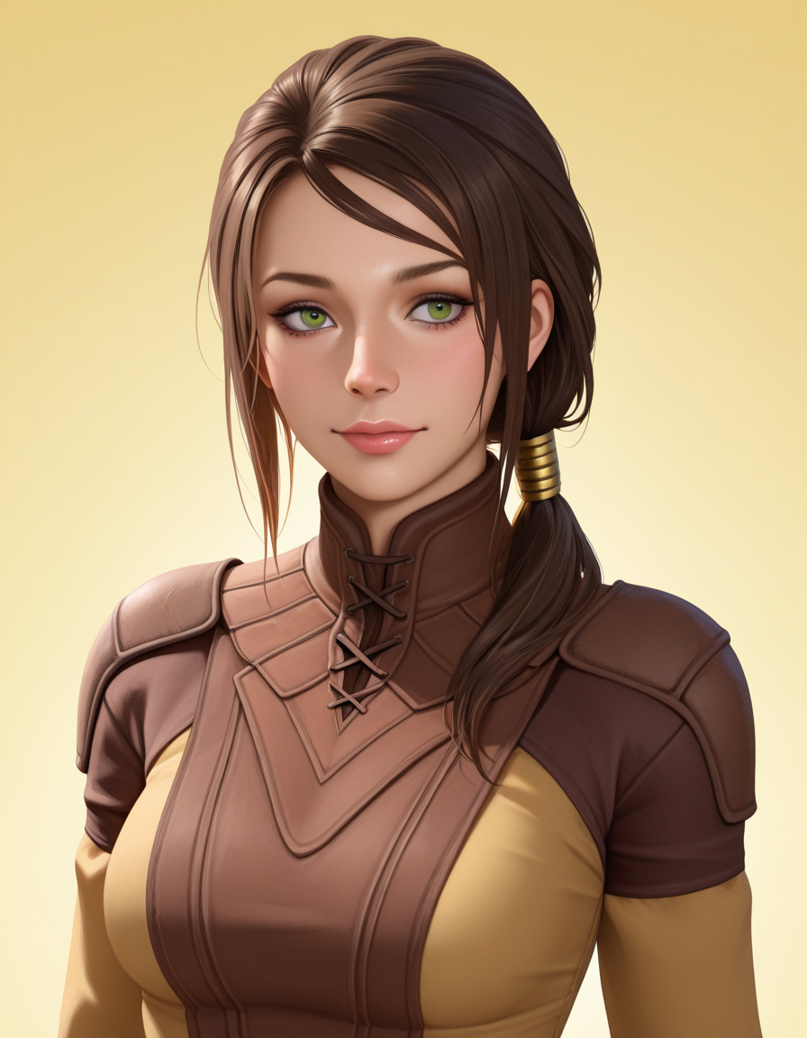 Masterpiece, high-res, 2k, best quality, 2.5d, realistic, 1 girl, bastila shan <lora:bastila_shan_illus-000034:1> Elegant Hair Play: Play with your hair in a way that suggests confidence and playfulness adding a touch of charm to your pose.