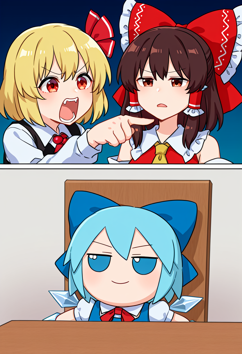 masterpiece, best quality, absurdres, woman_yelling_at_cat_(meme), comic, 2koma, 2girls, 1boy,
BREAK
rumia, hakurei reimu, pointing, pointing at another, 
BREAK
cirno, looking up, upper body, closed mouth, fumo \(doll\), on table,
 <lora:Woman_yelling_at_cat_meme:1>
