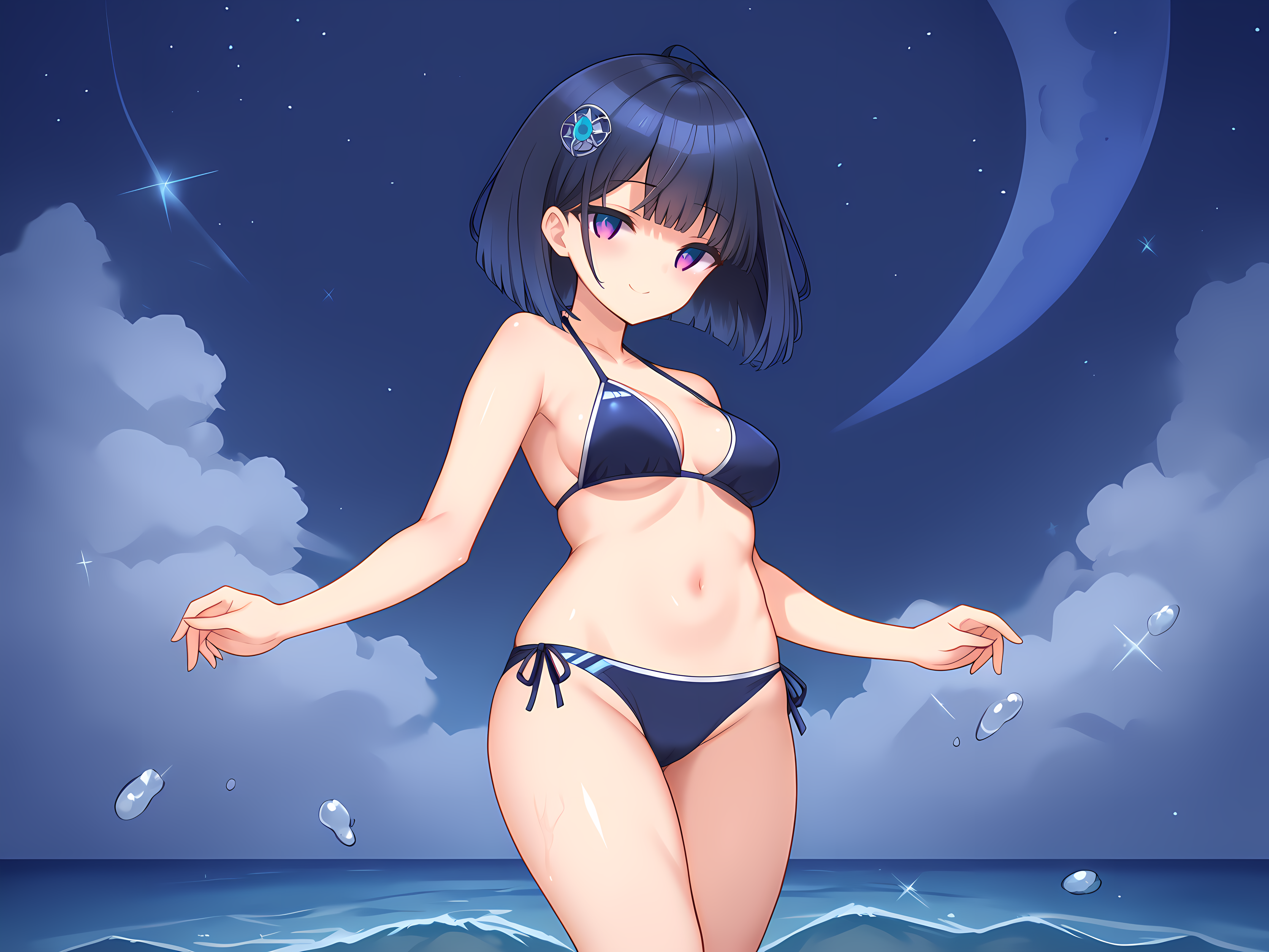 shimo,shizuha,medium breasts,short hair,black hair,purple eyes,multicolored eyes,outdoors,moonlight,night sky,seductive smile,looking at viewer,<lora:Selenoxia_-_Shizuha_-_Shimobashira_Workshop>,bikini,swimsuit,, score_9, score_8_up, score_7_up,source_anime,(masterpiece),(best quality),(ultra-detailed),(best illustration),(best shadow),(absurdres),(detailed background),(very aesthetic),source_anime