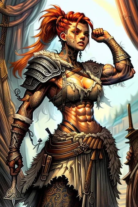 score_9, score_8_up, score_7_up, ng_deepnegative_v1_75t, 1girl, solo, BarbarianT, muscular female,large biceps, large traps, abs, barar, bodybuilding, s3m1sh4v3d, FanFo, green eyes, red hair, shaved sides, braided ponytail, fantasy armor, leather bracelets, ornate armor, fur trim, cloak, broadsword, holding broadsword, weapon broadsword, forest, exposed breasts, exposed arms, exposed midriff, tribal tattoos, facial scars, detailed eyes, detailed armor, detailed hair, intense expression, grim expression,