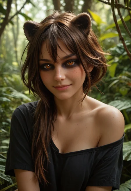 score_9_up, score_8_up, score_7_up, score_6_up, 1girl, 25 years old, perfect face, (adult), sexy,
animal ears, (raccoon), (raccoon ears), (raccoon tail), (raccoon girl:1.3),
three quarter view, detailed face, portrait, face focus, depth of field, looking at viewer, blush, shy smile,
orange eyes, (eyeshadow),
brown hair, low ponytail, sidelocks, messy hair,
off-shoulder shirt, black shirt,
jungle, forest,