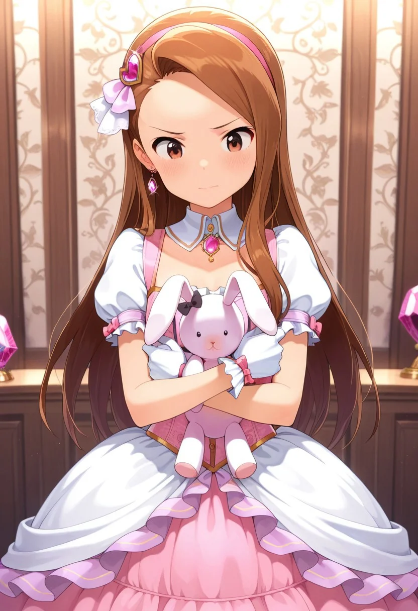 masterpiece,best quality,amazing quality, minase iori, long hair, brown hair, brown eyes, 1girl, stuffed toy, stuffed animal, solo, dress, gloves, stuffed bunny, short sleeves, white gloves, earrings, gem, jewelry