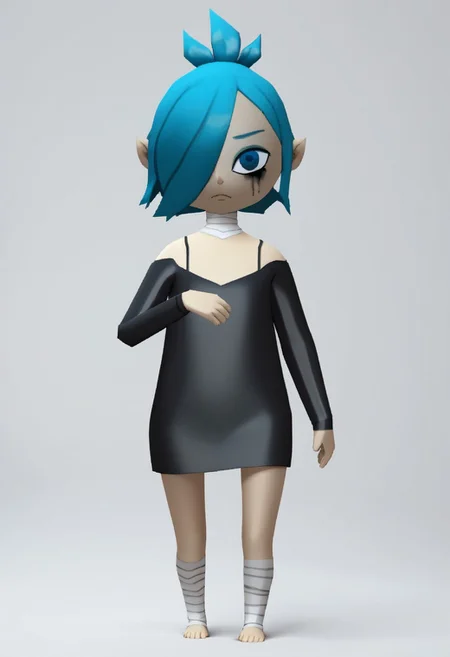 score 9 up, score 8 up, solo,1girl, two-tone hair, hair over one eye, black clothing, spaghetti_strap, long sleeves, messy mascara, bandaged_neck, thigh gap, windwakerstyle, 3d, full body, white background.