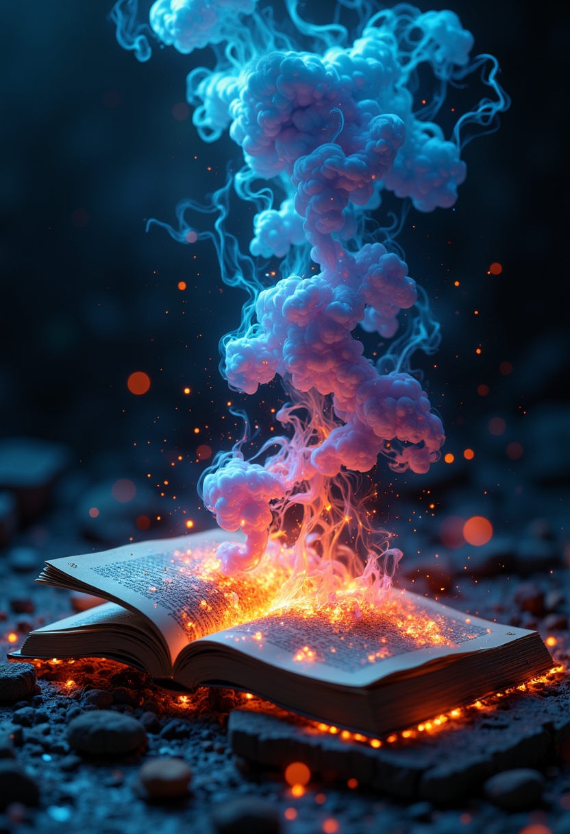 An ordinary object, such as a book, partially dissolving into smoky spirals, creating a mysterious atmosphere) The scene is captured with a wide-angle shot, showcasing the grandeur of the scene, with the interplay of vibrant colors and smoky trails blending into the environment. The lighting is designed to create an enchanting, dreamlike glow with soft, diffused highlights accentuating the smoke transitions. The scene features glowing particles or embers floating gently in the air, mixing with the smoke to add a sense of fantasy and dynamism. The style is inspired by surrealism, using contrasting colors and sharp highlights to enhance the dreamlike quality of the smoke transformation.
photography, high-resolution, dynamic, energetic,hyper-realistic, dramatic lighting, shallow depth of field.),High Detail, Perfect Composition, realistic photographic image, interesting backlighting