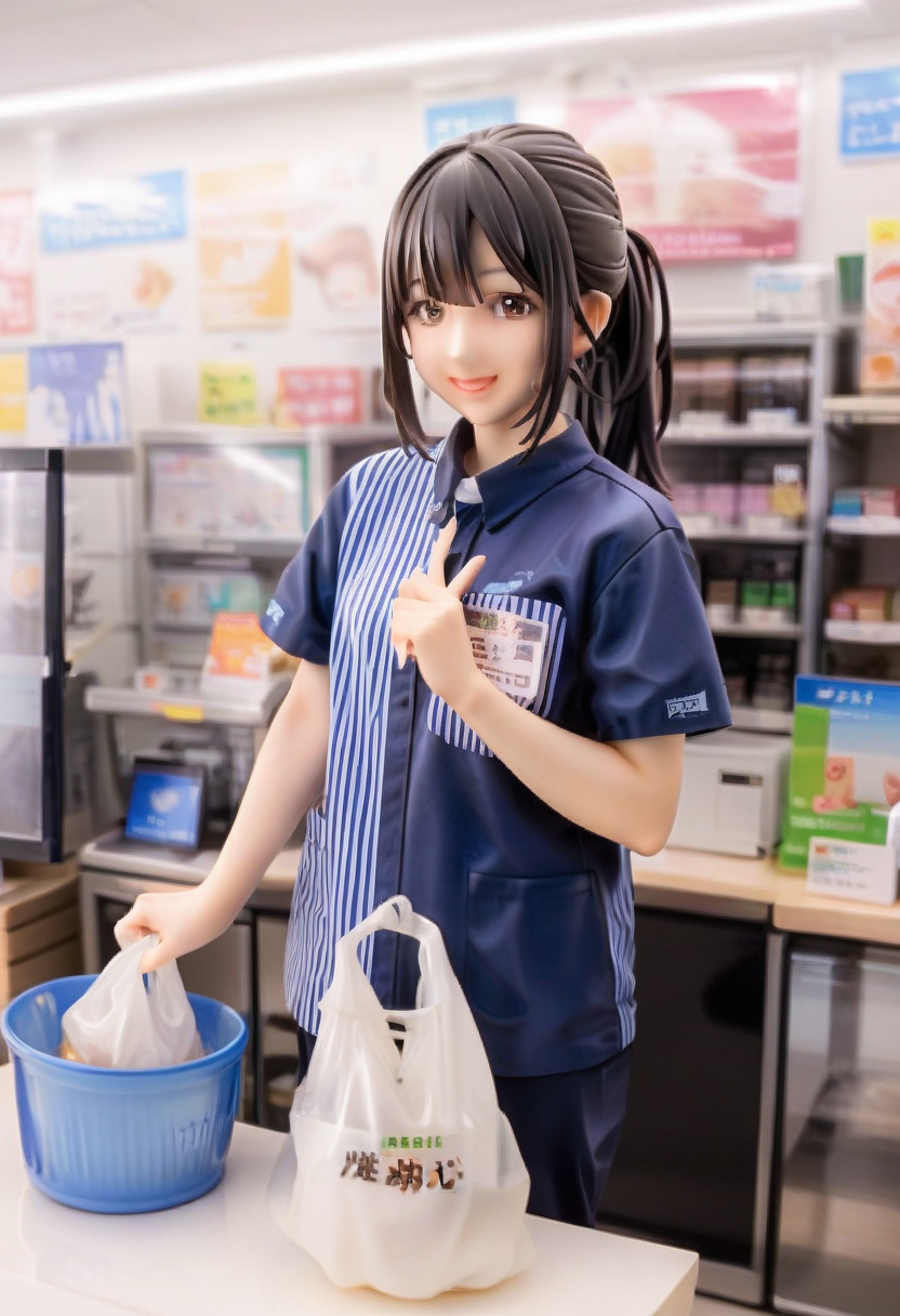 score_9, score_8_up, score_7_up, rating_safe, masterpiece, best quality, absurdres, unity 8k wallpaper, official art, official style, source_anime, uncensored, game cg, megami magazine,
konbini, scenery, shop, indoors, LAWSONU, employee uniform, uniform, plastic bag, black hair, solo, shirt, 1girl, uniform, indoors, bag, striped, employee uniform, striped shirt, ponytail, short sleeves, holding, shop, long hair, vertical-striped shirt, id card, vertical stripes, convenience store, name tag, realistic, realistic background, Detailed Background, casher, smile, happy, looking at viewer, 
<lora:lawson_indoors_PONY_V1:0.8>