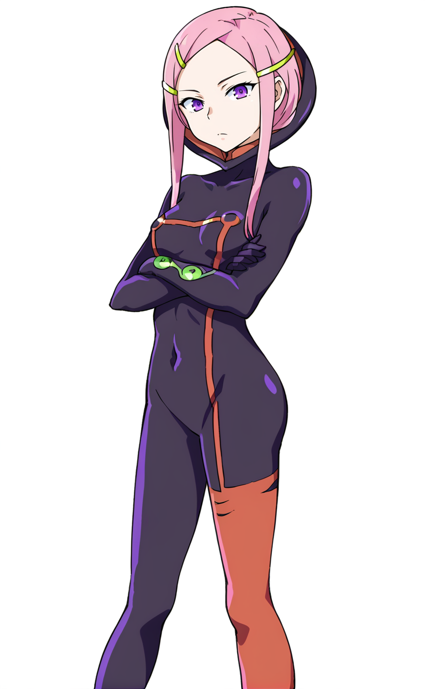 <lora:Anemone - Eureka Seven v2-000005:1>, 1girl, solo, Anem0n3, hair ornament, hairclip, pink hair, purple eyes, bodysuit, expressionless, crossed arms, standing, looking at viewer, simple background, white background, legs, cowboy shot,