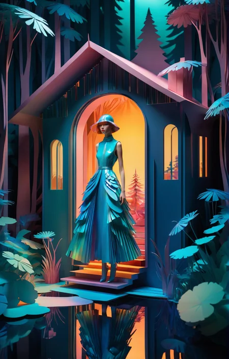 Stacked papercut art of (Runway fashion:1.4), Art Deco aesthetic, a cozy cabin nestled in a bioluminescent forest., iridescent colors, stunning background. warm and bright sunlight, a mesmerizing blend of light and shadow. masterpiece, absurdres, intricate details <lora:Runway_Fashion_XL:1.0>, 3D, layered, dimensional, depth, precision cut, stacked layers, papercut, high contrast