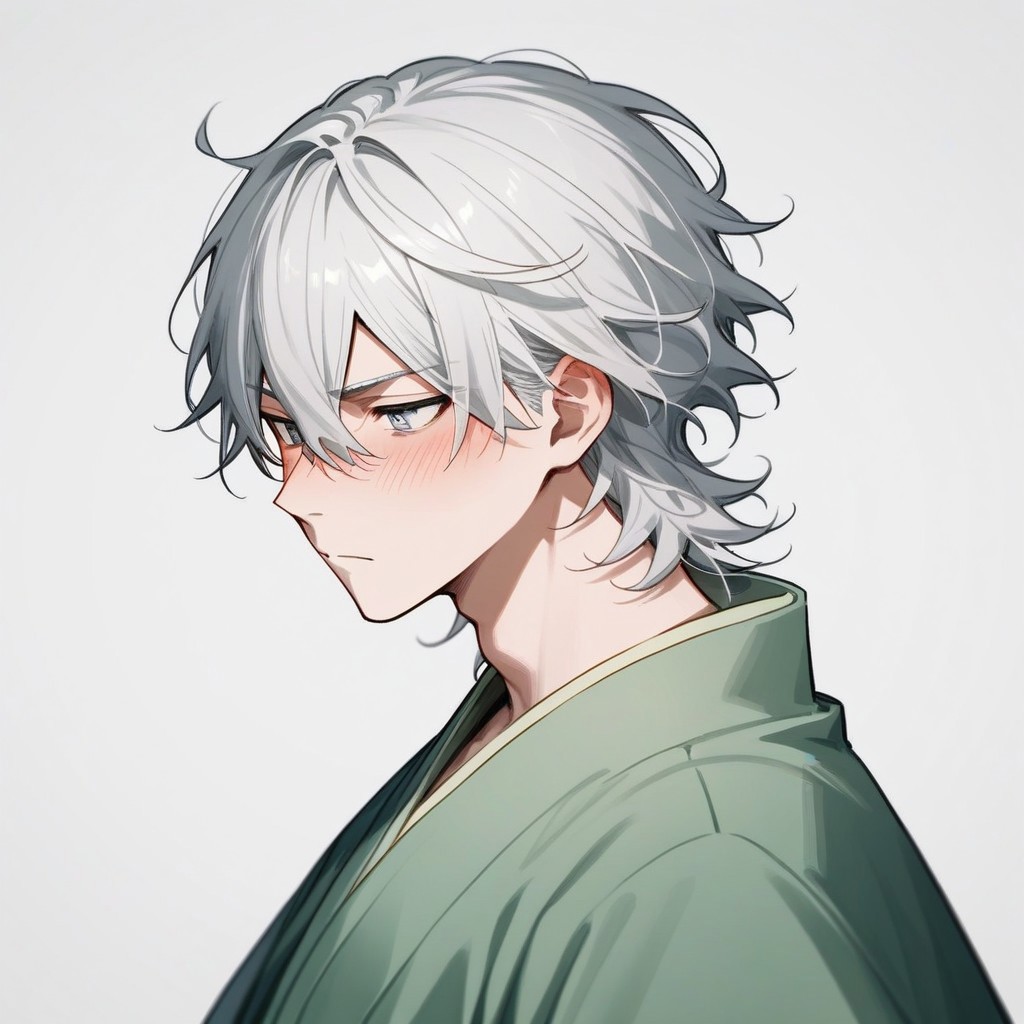 Gerph_style,bunti,score_9,score_8_up,score_7_up, anime_style, source_anime, Fukuzawa, grey hair, kimono, japonese clothes, 1boy, hair between eyes, solo, white hair, male focus, japanese clothes, grey eyes, haori, green kimono,  side view,  blushing, stepping back, half body