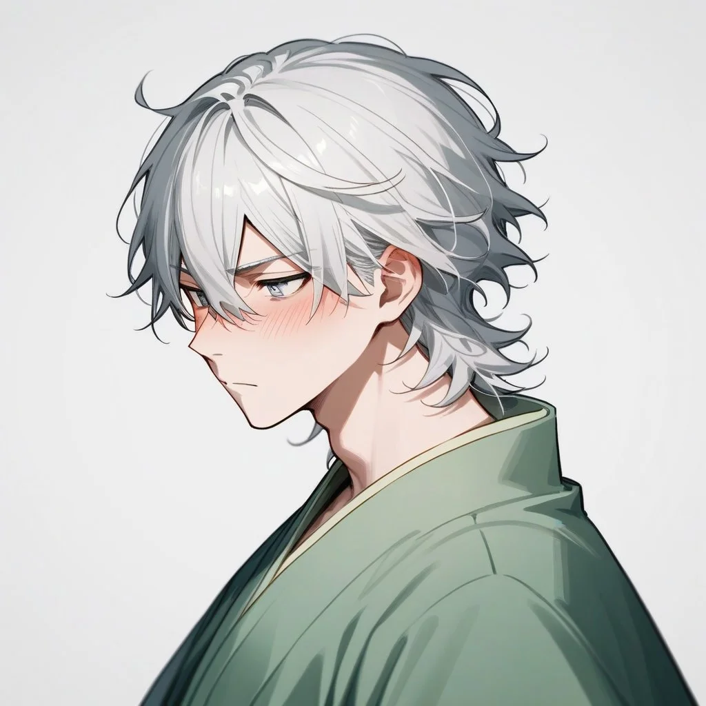 Gerph_style,bunti,score_9,score_8_up,score_7_up, anime_style, source_anime, Fukuzawa, grey hair, kimono, japonese clothes, 1boy, hair between eyes, solo, white hair, male focus, japanese clothes, grey eyes, haori, green kimono, side view, blushing, stepping back, half body
