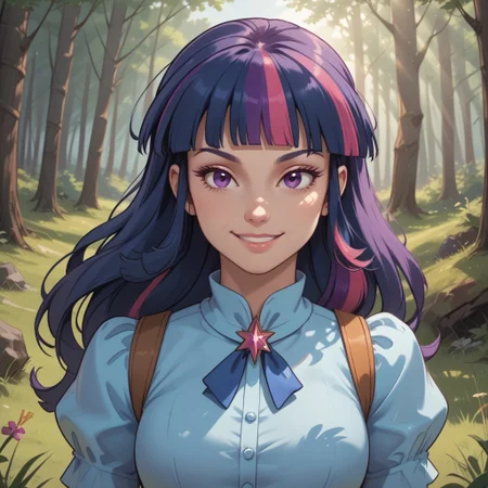 score_9, score_8, BREAK, solo, princess twilight sparkle, dark sapphire blue with moderate purple and brilliant raspberry streaks, purple eyes, pale, light grayish orchid skin, Equestria girls, g4, adult female, mature female, breasts, sexy pose, self portrait, smile, outdoors, sunlight, shadows, evening lighting, natural lighting, forest, trees, grass, orange sky, sunset