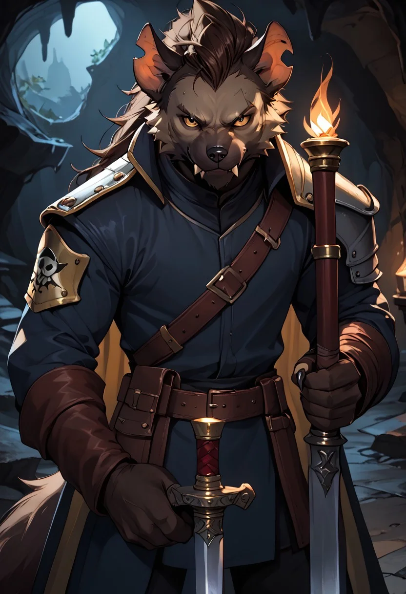 score_8_up, score_7_up, calmstyle, csr style,
BREAK,
gnoll, hyena, brown hair, solo, 1boy, pirate cave, standing, dungeon, dark, shadows, night, torch light, claws, tail, notched ear, close up, leather armor, looking at viewer, (closed mouth, blank expression:1.2), , bottom fangs, holding sword in hand