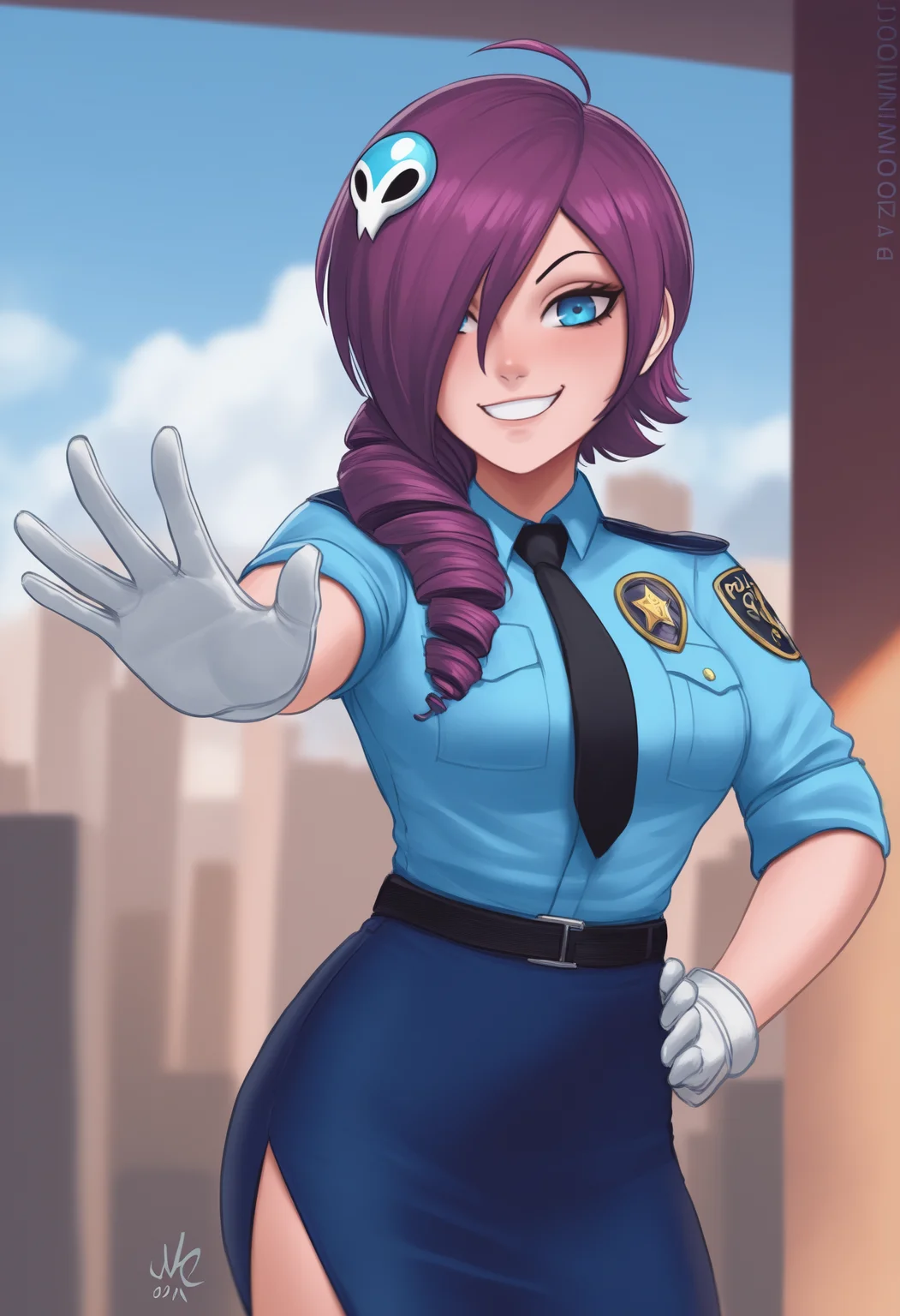 (sciamano240:0.7), masterpiece, best quality, <break> solo, 1girl, zon3tan, smirk, looking at viewer, standing, hand on own hip, outstretched arm, waving, open hand, palms, long hair, purple hair, hair over one eye, ahoge, drill hair, skull hair ornament, blue eyes, police uniform, blue shirt, collared shirt, black necktie, badge, sleeves rolled up, white gloves, blue skirt, pencil skirt, side slit, outdoors, blue sky, cloud, city street
<segment:yolo-Anzhc Face seg 640 v2 y8n.pt,0.4,0.5//cid=1>