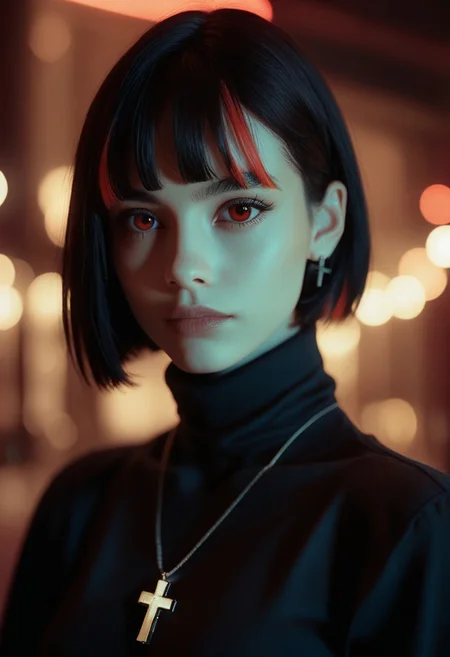 score_9, score_8_up, score_7_up, score_6_up, cinematic, cinema shot, film grain, depth of field, 1girl, solo, short hair, black hair, jewelry, looking at viewer, necklace, cross, portrait, bangs, red eyes, closed mouth, turtleneck, blurry background, cross necklace, lips, piercing, blurry, bob cut, eyelashes, highlights, boke, (dark:1.2)