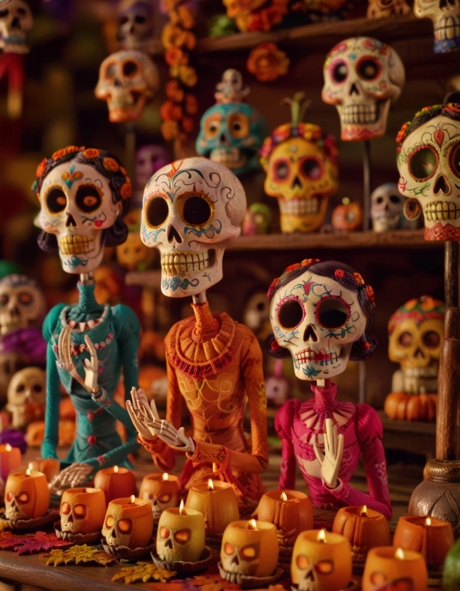 stopmotion, Dia de los Muertos (Day of the Dead), Colorful Skull Masks, Sugar Skull Art, Altars and Offerings, Celebrating Ancestors, Mexican Tradition. tilt-shift <lora:STOPMO_2.0_RC:1.0>