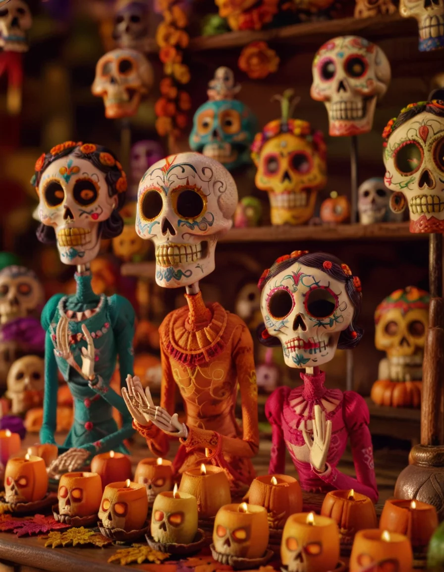 stopmotion, Dia de los Muertos (Day of the Dead), Colorful Skull Masks, Sugar Skull Art, Altars and Offerings, Celebrating Ancestors, Mexican Tradition. tilt-shift <lora:STOPMO_2.0_RC:1.0>