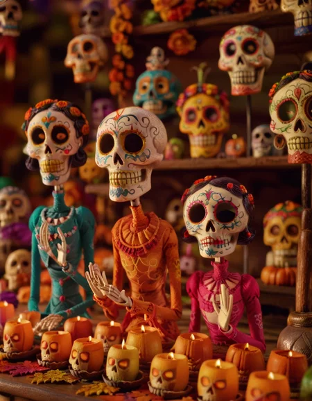 stopmotion, Dia de los Muertos (Day of the Dead), Colorful Skull Masks, Sugar Skull Art, Altars and Offerings, Celebrating Ancestors, Mexican Tradition. tilt-shift <lora:STOPMO_2.0_RC:1.0>
