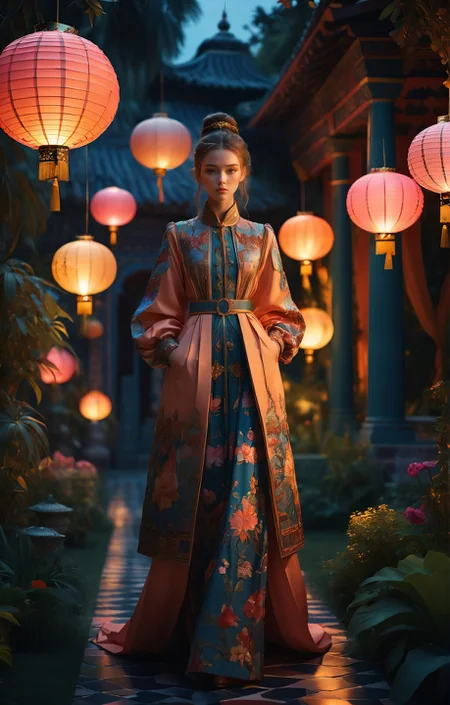 (Runway fashion), Army Chic aesthetic, beautiful garden at twilight, glowing paper lanterns, ornate tiled architecture, lost civilizations, bright colors, stunning background. dark and moody, a mesmerizing blend of light and shadow. masterpiece, absurdres, intricate details <lora:Runway_Fashion_XL:1.0>