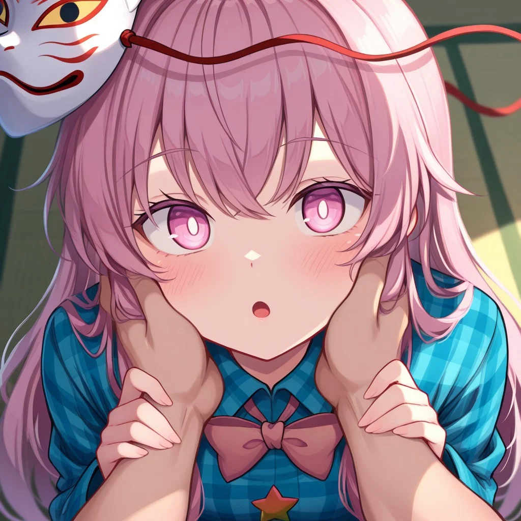 masterpiece, best quality, amazing quality, 1girl, hata no kokoro, touhou, pink hair, pink eyes, very long hair, fox mask, plaid shirt, blue shirt, bowtie, blush, open mouth, :o, upper body focus, looking at viewer BREAK 1boy, male hands, cheek squish, pov, pov male,