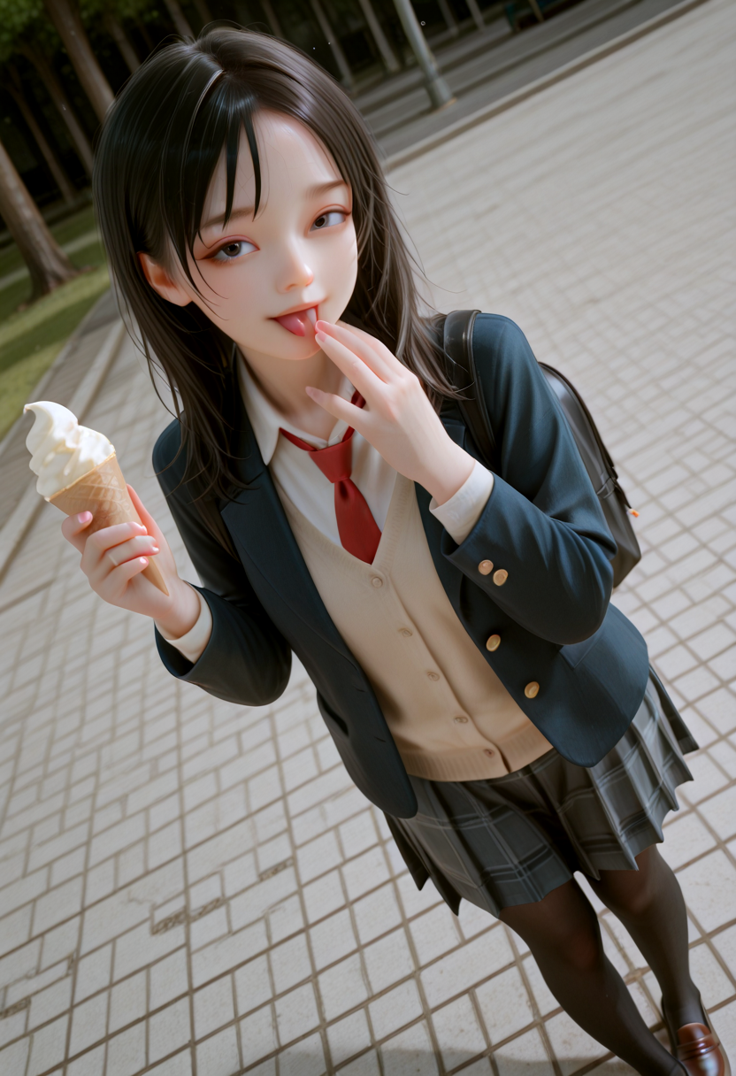 IllusP0s, masterpiece, best quality, amazing quality, very aesthetic, absurdres, newest,  (detailed eyes),((ultra detailed hair:1.4)),eye focus, ((Dynamic Angle))
BREAK
1girl,solo, k1ku_pr, black eyes,  Sparkle eyes, smile
school uniform, cardigan, pleated skirt, black pantyhose, red necktie, plaid skirt,grey skirt,white shirt,loafers,blazer,backpack, ((No makeup))
BREAK
Japan, 2025, girl buying snacks on the way home from school, licking ice cream, large park, pleasant weather, good mood, daytime
 <lora:Kiku_-_Kikus_Prayer_-_AI_Challenge:1>, parted lips, looking at viewer, Sticking out tongue