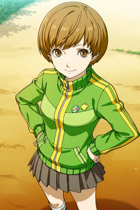 <lora:StS-Illustrious-Detail-Slider-v1.0:4>
girl is 18 years old,
outdoors,
<lora:Persona_5_Royal_and_Strikers_2D_cutscene_art_style_Illustrious_V2:1>
<lora:Chie_Satonaka_Persona_4:.7>
1girl, satonaka chie, solo, brown hair, track jacket, skirt, short hair, jacket, brown eyes, hands on own hips, standing, socks, button badge, cowboy shot, smile