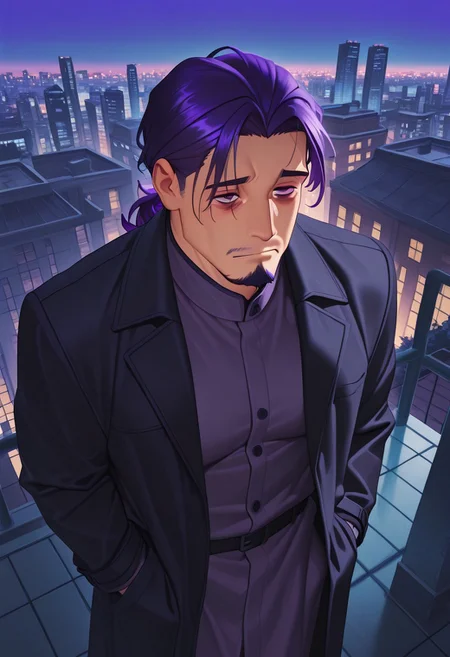 1boy, mbti_intp, mature man, purple eyes, droopy eyes, eye bags, tied hair, goatee, standing on a rooftop overlooking a vibrant city at dusk, wearing a stylish dark coat, hands in pockets, gazing thoughtfully at the cityscape, cool blue and purple hues, subtle streetlights, a sense of quiet confidence, aesthetically striking