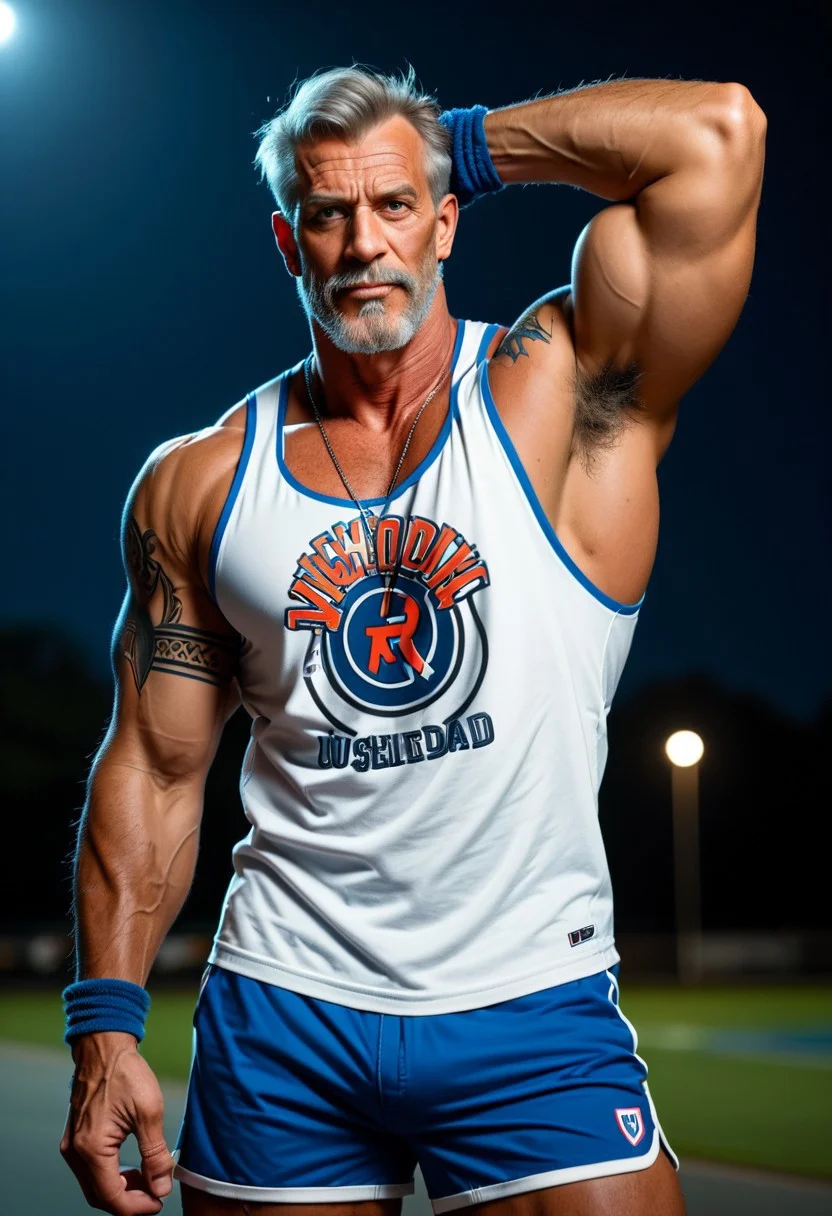 score_9, score_8_up, score_7_up, score_6_up, dark background, nighttime, night, dark lowlight photography, realistic, old male, pov from side, old granddad, thin, tall, tanned skin, colorful tattoos, heavy metal rock tattoos, strong tan, wearing blue long cargoshorts, 3/4 cargoshorts, skater, sweatbands, loose white muscleshirt, v-neck sleeveless tshirt, hairy armpits, old granddad, wrinkles, at the beach