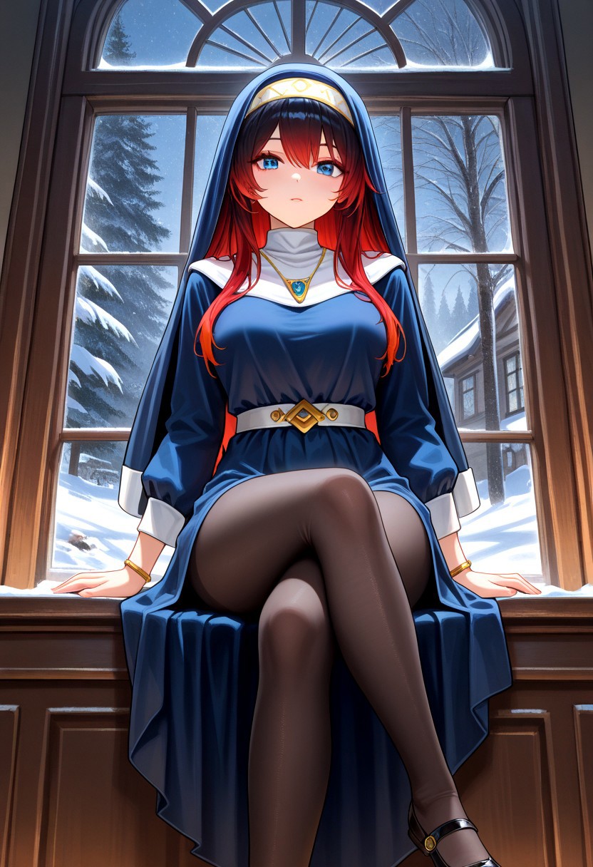 masterpiece, best quality, amazing quality, very aesthetic, absurdres, newest, fayeffl3, 1girl, long blue dress, gold necklace, gold bracelets, blue eyes, white belt, black pump shoes, pantyhose, close up, looking at viewer, (red hair, gradient hair:1.4), holding habit, indoors, window, snow,