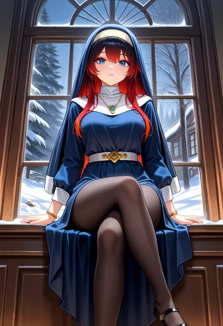 masterpiece, best quality, amazing quality, very aesthetic, absurdres, newest, fayeffl3, 1girl, long blue dress, gold necklace, gold bracelets, blue eyes, white belt, black pump shoes, pantyhose, close up, looking at viewer, (red hair, gradient hair:1.4), holding habit, indoors, window, snow,